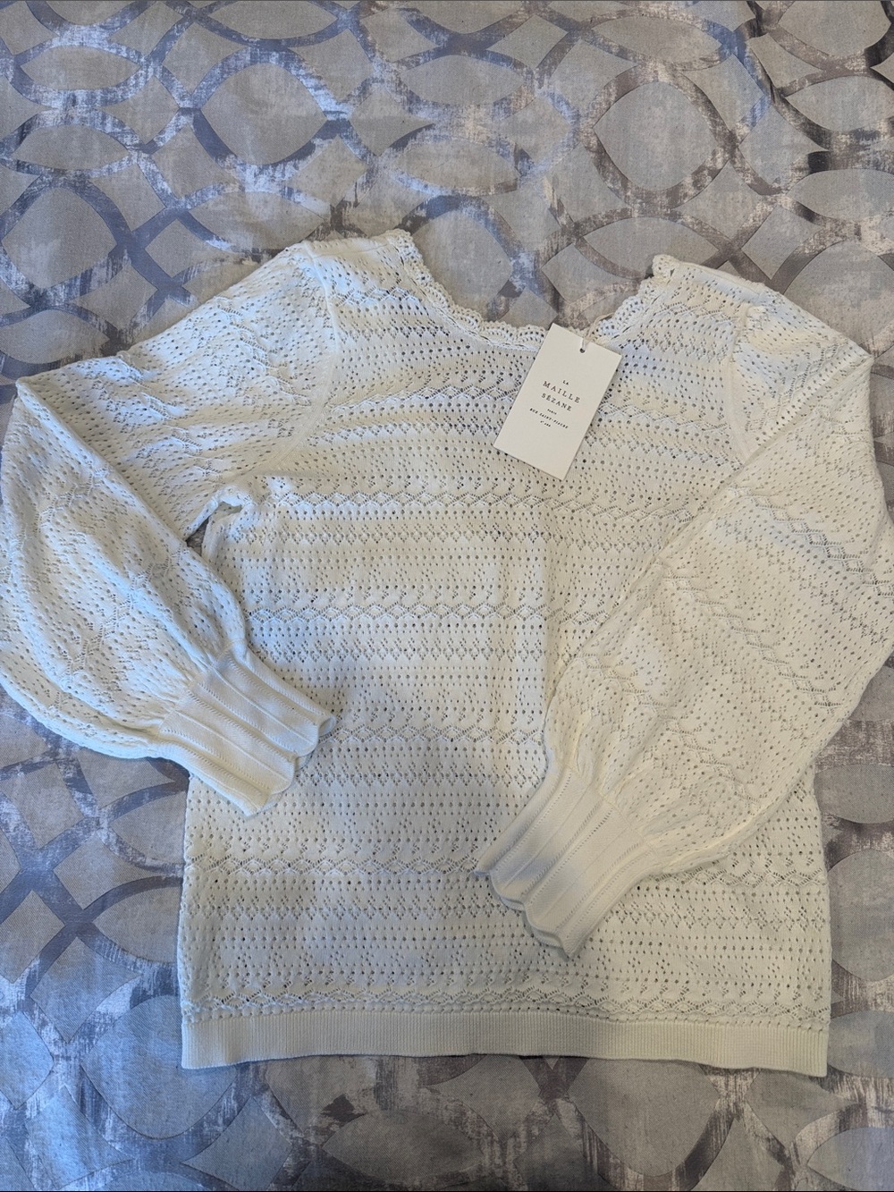 Sezane Cream Open-Knit Puff Sleeve Sweater